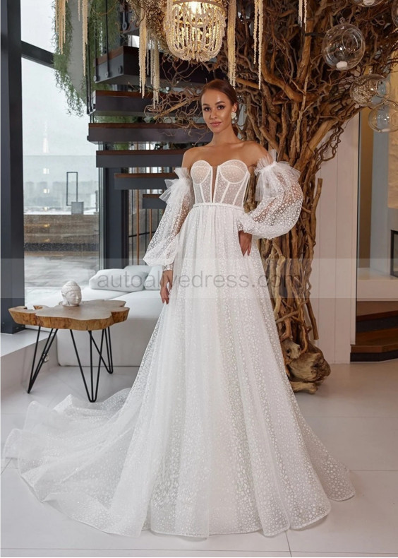 Strapless Beaded Ivory Lace Tulle Corset Back Structured Wedding Dress